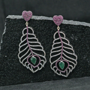 Natural Emerald Ruby Heart & Plume Shape Earrings Gold Silver Diamond Jewelry