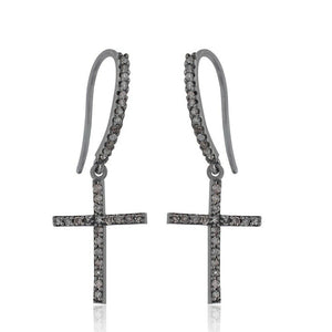 Genuine Pave Diamond 925 Silver Cross Dangle Earrings Women's Jewelry EAMJ-733