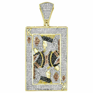 10K Yellow Gold Over Diamond Pendant Royal King Poker 1.90"Inch Charm 1.25 CT