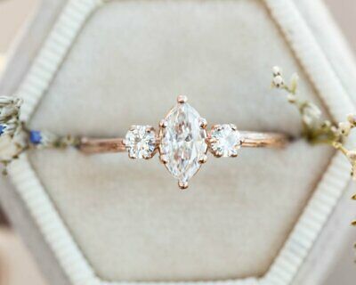 3 stone Marquise 2.80 ct White Moissanite Engagement Ring Real 14k White Gold