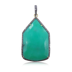 925 Solid Silver Natural Chrysoprase Pave Diamond 18" Chain Pendant PEMJ-323