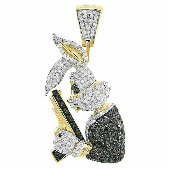 Black Diamond Bunny Pendant Mens 10K Yellow Gold FN Round Pave Gun Charm 1.97CT