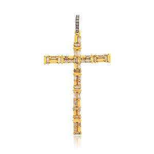 Natural Diamond Baguette 925 Silver Gold Plated Cross Pendant Christmas Jewelry