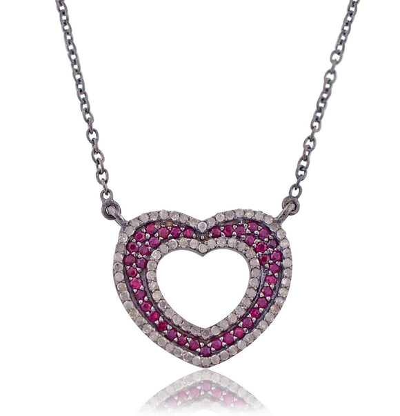 Natural Pave Red Ruby Diamond 925 Silver Chain Heart Pendant LOVE Jewelry GIFTS