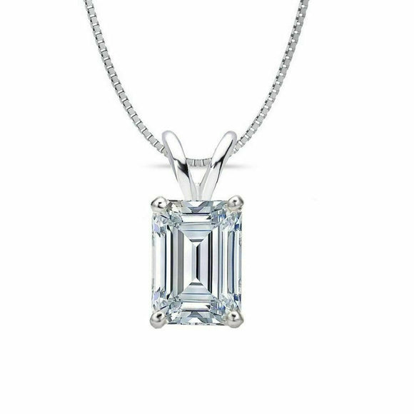 1.0 ct Emerald Cut Solitaire 14k White Gold Over Diamond Pendant With 18