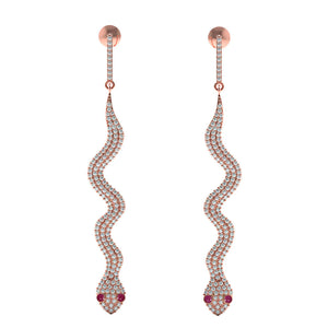 Genuine Pave Setting Diamond Ruby 14k Rose Gold Snake Dangle Earrings Jewelry