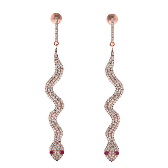 Genuine Pave Setting Diamond Ruby 14k Rose Gold Snake Dangle Earrings Jewelry