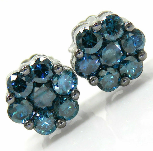 Mens Ladies 1 cts Irradiated Blue Diamond Cluster Earrings 14k White Gold Finish