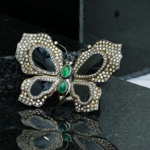 Genuine Pave Diamond Emerald Butterfly Ring 925 Sterling Silver Enamel Jewelry