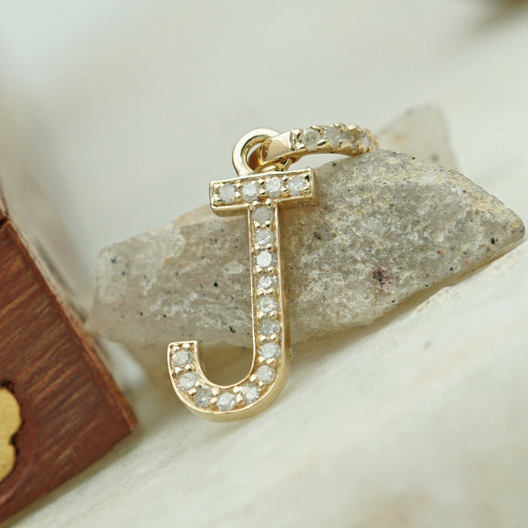 Pave Diamond Initial Letter J Charm Pendant 14k Yellow Gold Jewelry Alphabets