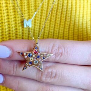 Natural Multi Sapphire 14k Yellow Gold 21MM Star Pendant Gifts Jewelry PEMJ-1266