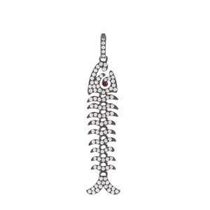 Natural Pave Diamond Ruby Fish Skeleton 925 Silver 18" Chain Pendant Jewelry