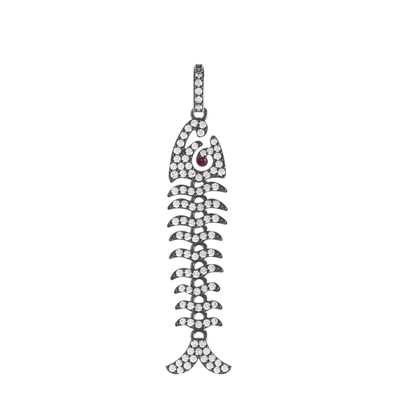 Natural Pave Diamond Ruby Fish Skeleton 925 Silver 18