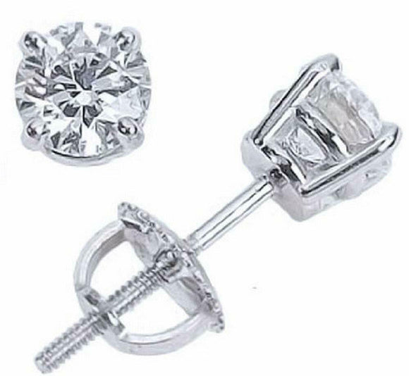 Ladies 1.0 CT Round Cut Solitaire Diamond 925 Silver Stud Earrings Screw Back