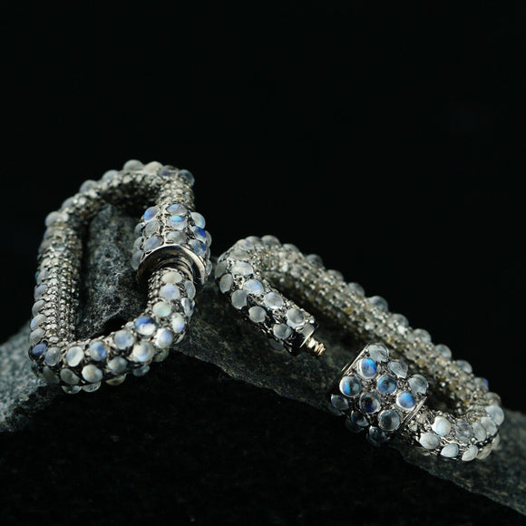 Pave Diamond Rainbow Moonstone Carabiner Clasp Finding 925 Solid Silver Jewelry
