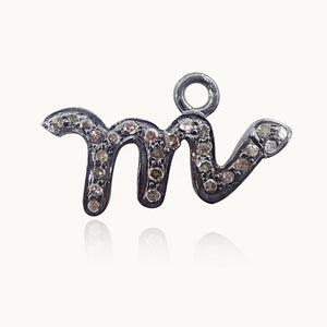 Natural Pave Diamond M Alphabet Initial Charm 925 Silver 16" Link Chain Pendant