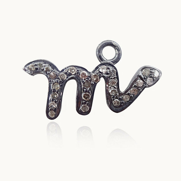 Natural Pave Diamond M Alphabet Initial Charm 925 Silver 16