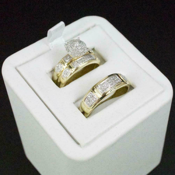 Diamond Wedding 14K Yellow Gold Fn Trio His/Her Bridal Band Engagement Ring Set