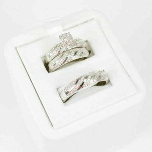 His & Her Diamond 14k White Gold Fn Engagement Bridal Wedding Band Trio Ring Set