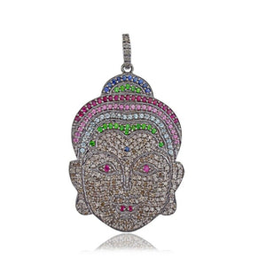 Natural Pave Diamond Multi Gemstone 925 Solid Silver Buddha Pendant Jewelry