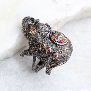 Gemstone Ruby Pave Diamond Elephant Ring 925 Silver Ethnic Animal Jewelry GIFTS