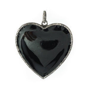 Natural Pave Diamond Black Enamel 925 Silver Heart 18" Chain Pendant PEMJOS-750