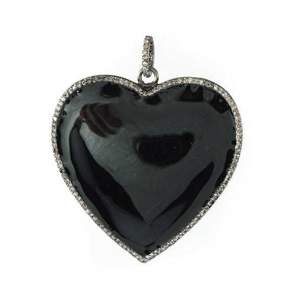 Natural Pave Diamond Black Enamel 925 Silver Heart 18