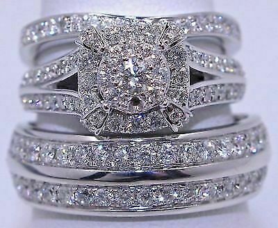 Diamond Wedding 14K White Gold FN Trio His Her Bridal Band Engagement Ring Set