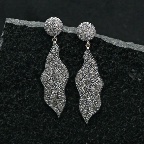 Leaf Shaped Pave Diamond Dangle Earrings 925 Solid Silver Designer Jewelry Gifts