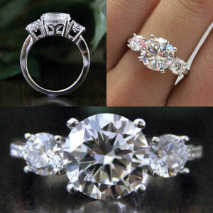 Genuine Moissanite Three Stone Engagement Ring 14k White Gold 3.00 Ct Round Cut