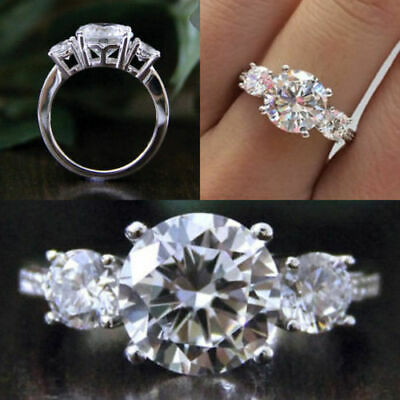 Genuine Moissanite Three Stone Engagement Ring 14k White Gold 3.00 Ct Round Cut