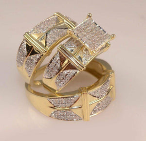 Yellow Gold Over Engagement Bridal Wedding Trio Ring Set His And Her Lab Diamond