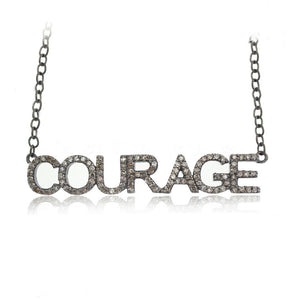 Natural Diamond Set Pave "COURAGE" 925 Solid Silver Pendant Necklace Jewelry