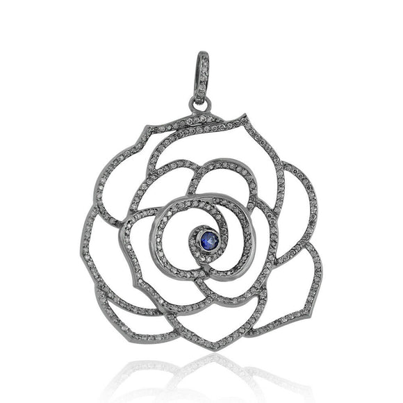 Blue Sapphire Pave Diamond 925 Solid Silver Flower Pendant Jewelry PEMJ-1062