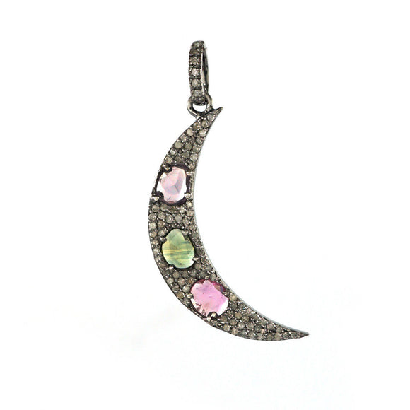 Natural Multi Sapphire Pave Diamond 925 Silver Crescent Moon Pendant PEMJ-1177