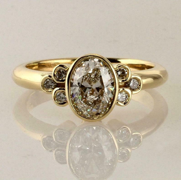 Bezel Oval loose Moissanite Diamond Engagement Ring 3Stone Solid 14K yellow gold