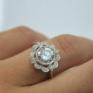 Art Deco 1.8 Ct White Bezel Moissanite Real 14K White Gold Engagement Party Ring