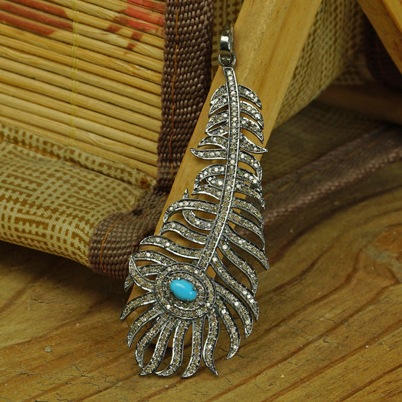 Genuine Pave Diamond Turquoise Feather Pendant 925 Silver Vintage Style Jewelry