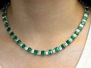 14k White Gold Over 40CT Ashoka Cut D/VVS1 Diamond & Emerald Tennis Necklace 18"