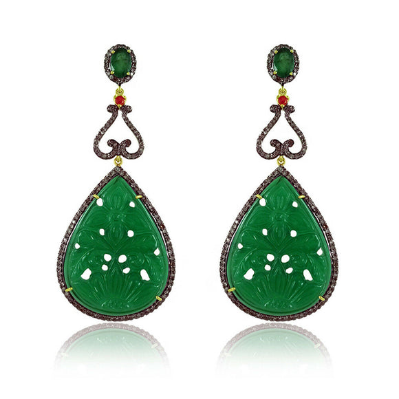 Green Onyx Flower Carved Ruby 925 Silver Pave Diamond Dangle Earrings Jewelry