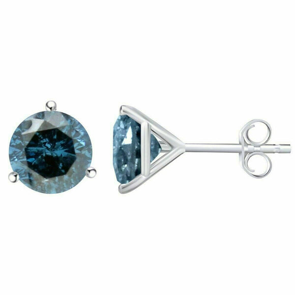 14k White Gold Over 2 ct Round Cut Solitaire Stud Earrings 3-prong Blue Diamond