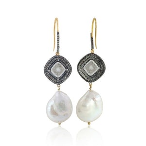 White Pearl Polki Diamond 925 Silver Gold Handmade Earrings Jewelry EAMJ-859