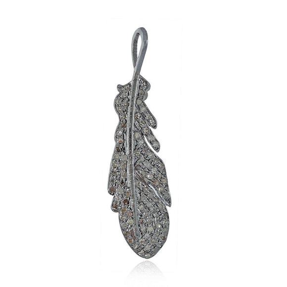 Natural Pave Diamond Feather 925 Solid Silver Pendant Gifts Jewelry PEMJOS-764