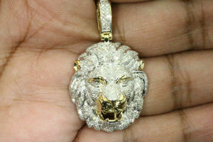 10K Solid Yellow Gold Finish 2.30 CT Diamond Roaring Lion Head Charm Pendant 2"