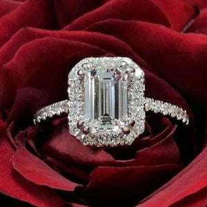 3.50 Ct Emerald Cut Loose Moissanite Halo Engagement Ring Solid 14k White Gold