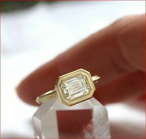 2.1Ct White Emerald Cut Moissanite Diamond Engagement Ring Solid 14K Yellow Gold