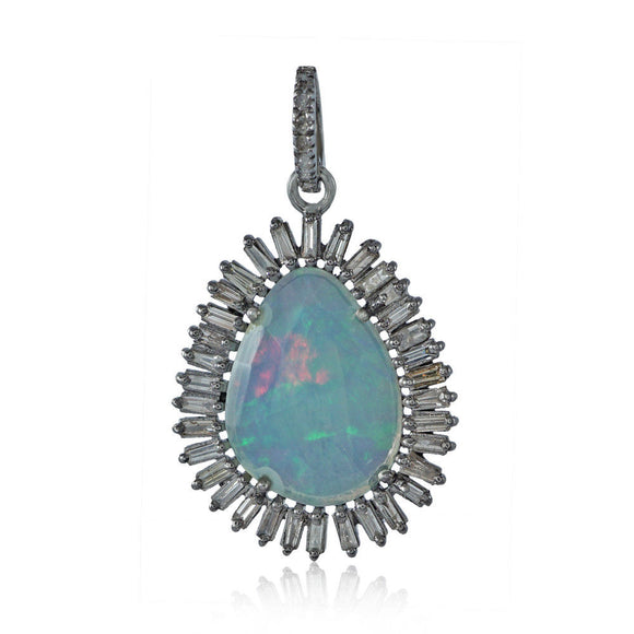 Natural Opal Baguette Diamond 925 Silver 18