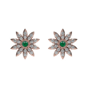 Natural Pave Diamond Emerald Solid 14k Rose Gold Flower Stud Earrings Jewelry