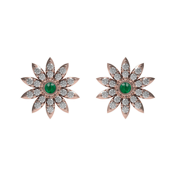 Natural Pave Diamond Emerald Solid 14k Rose Gold Flower Stud Earrings Jewelry