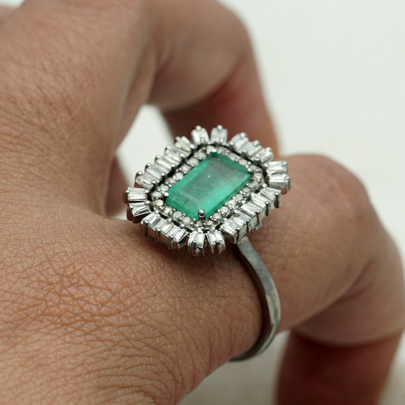 Natural Baguette Diamond Emerald Cocktail Ring Solid Silver Party Wear Jewelry